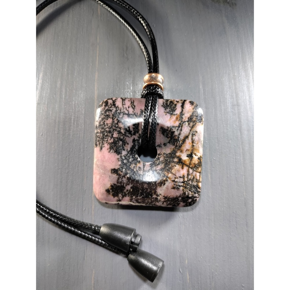 TrailerSpark Rhodonite Stone Square Donut Pendant Necklace‎ 18in Waxed Cord